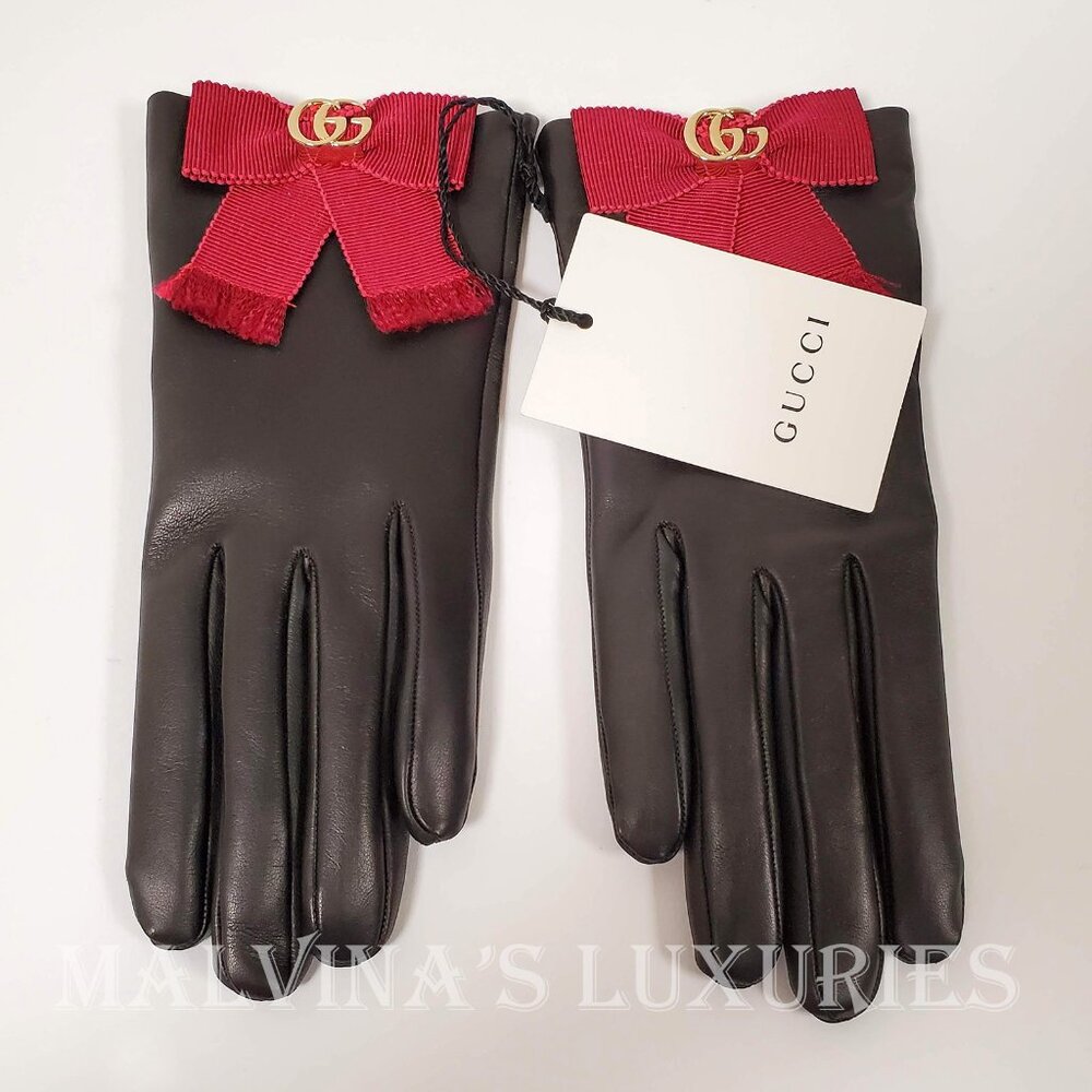 GUCCI GLOVES 434223 BLACK LEATHER GROSGRAIN BOW G LOGO sz S / 7 - Picture 7 of 16